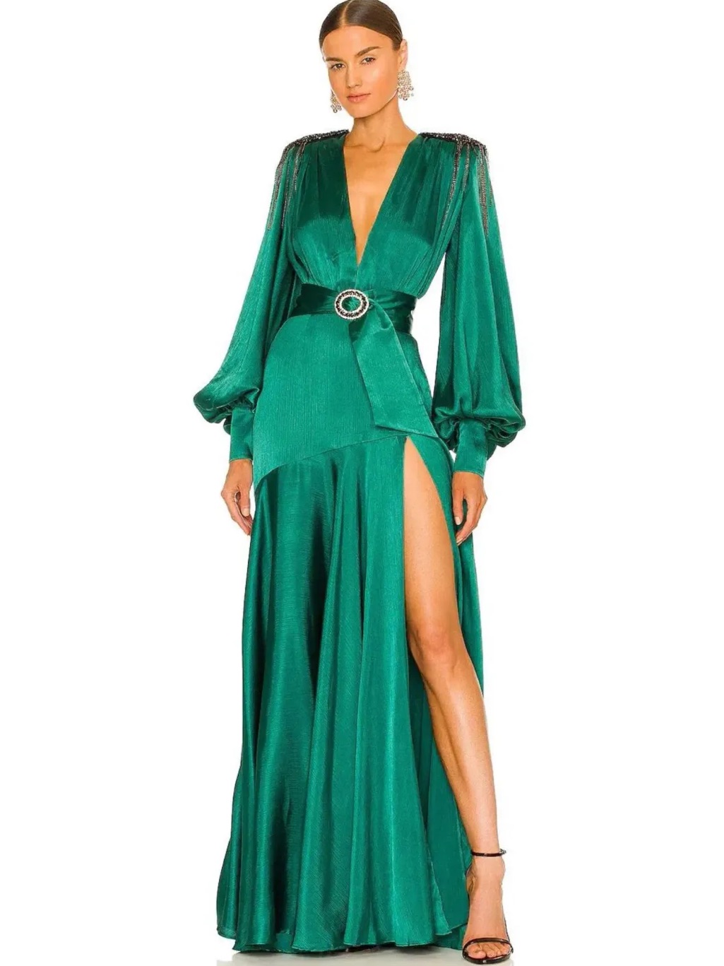 Bronx And Banco Emerald Satin Plunging V Maxi Gown With High Slit